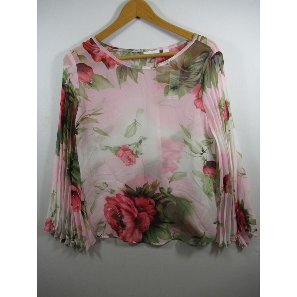 NEW Vintage Y2K New York & Co Sheer Floral Blouse Women M Pink Pleated Sleeves